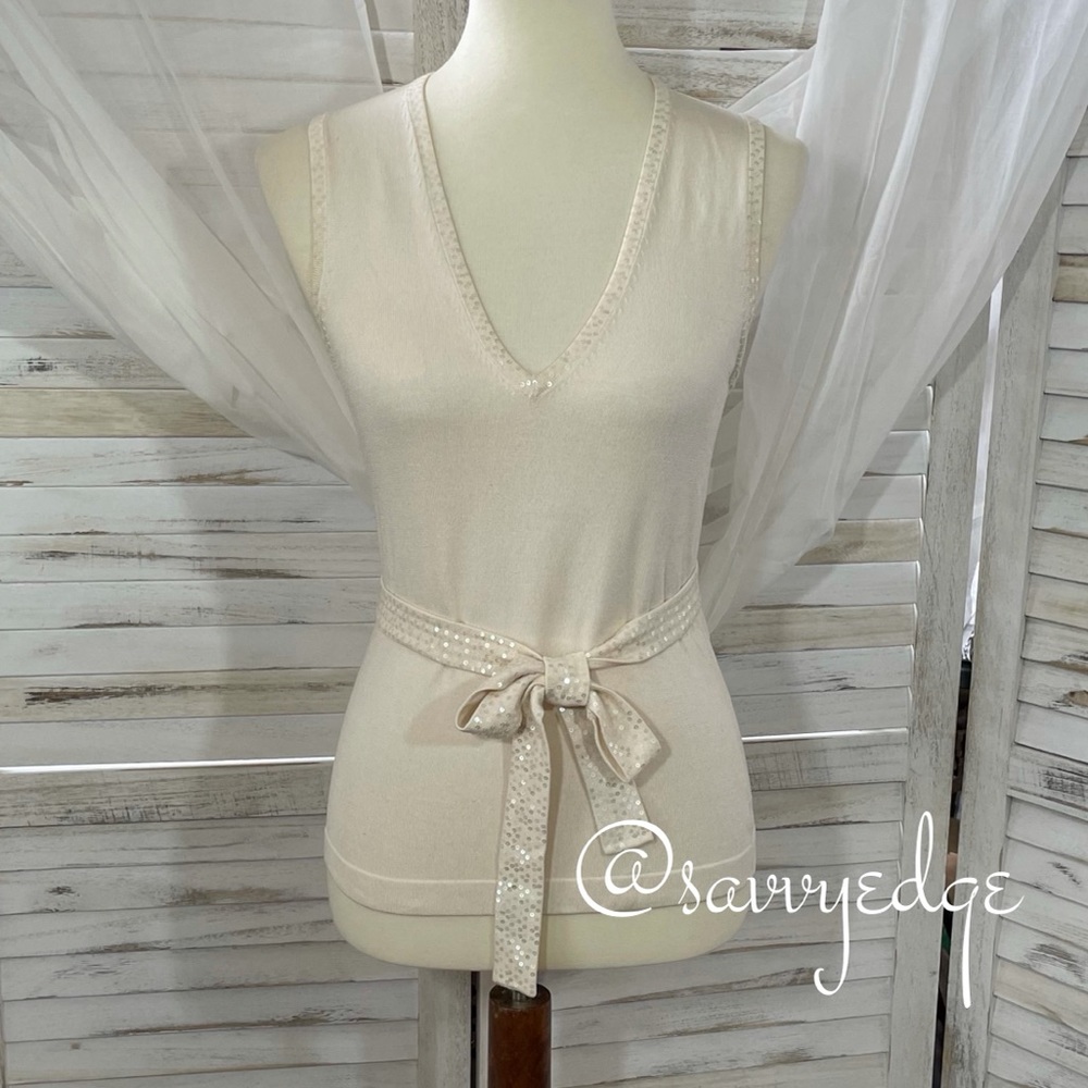 BCBG Sequin Trim V-Neck Knit Top - Picture 1 of 8